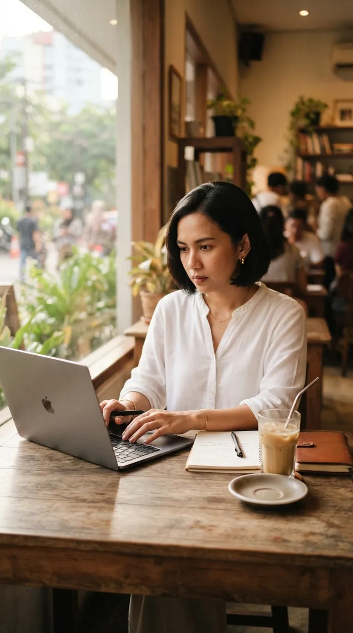 Penulis sedang menulis di laptop di kafe