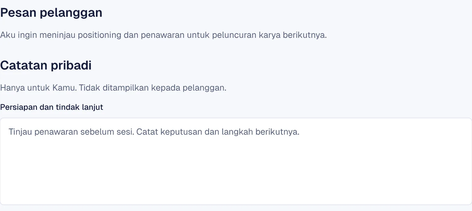 Pesan pelanggan dan catatan pribadi sesi