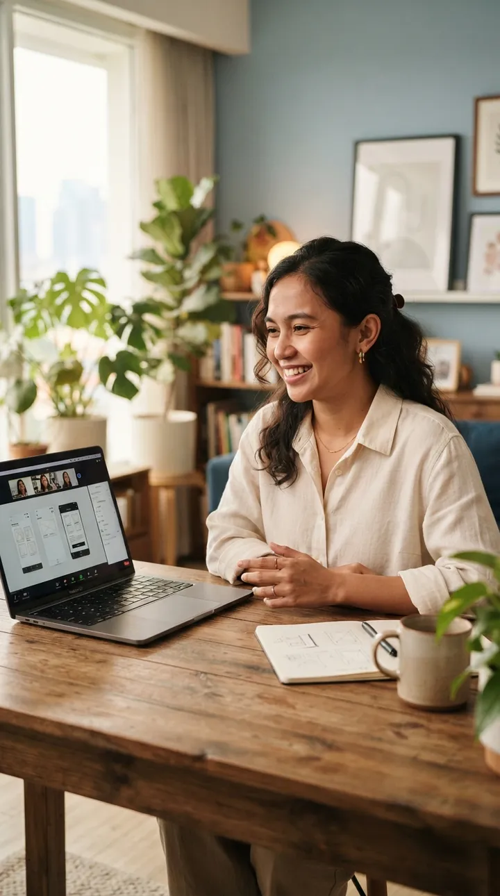 Mentor sedang memandu sesi daring dari meja kerjanya