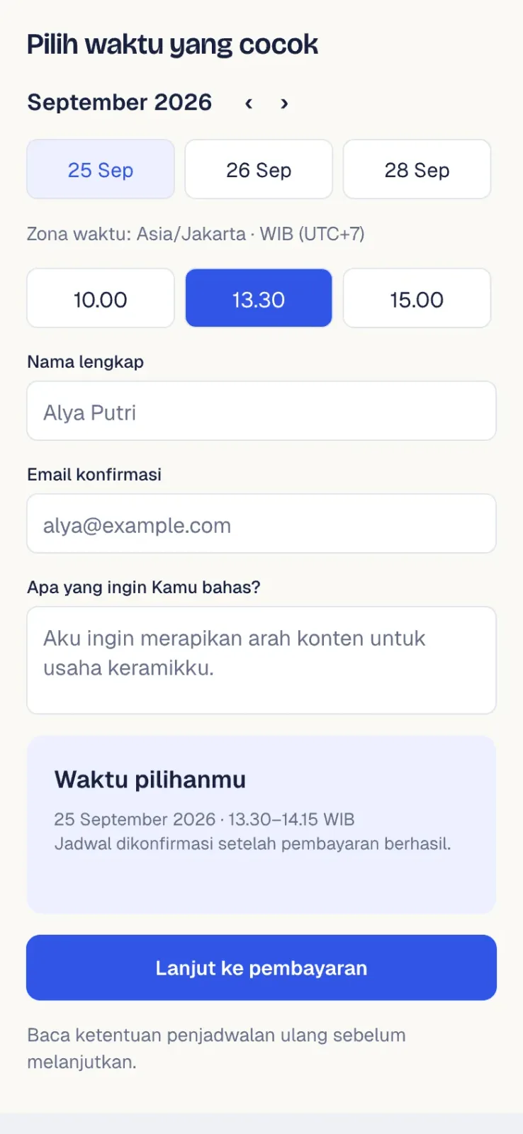 Pilihan tanggal dan jam sesi