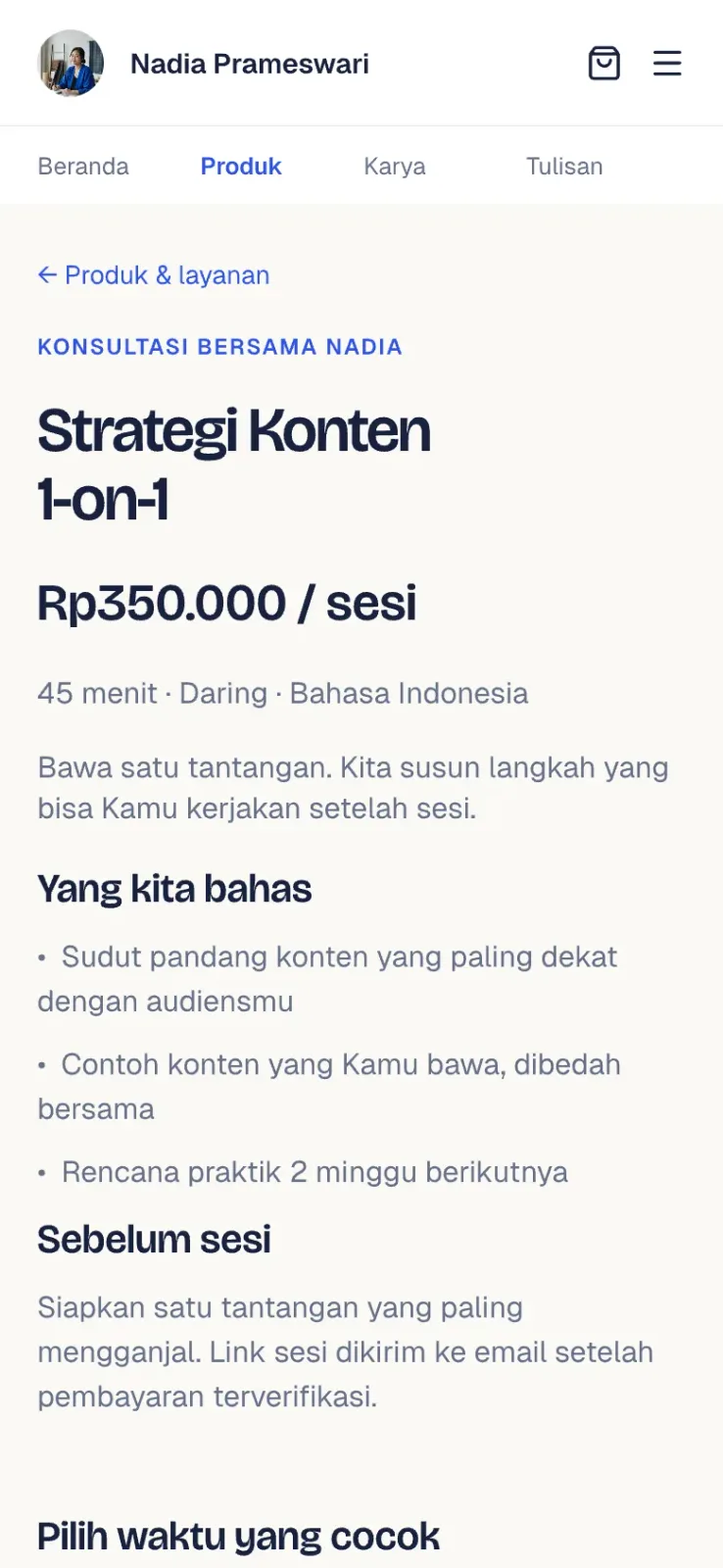 Halaman layanan booking di ponsel
