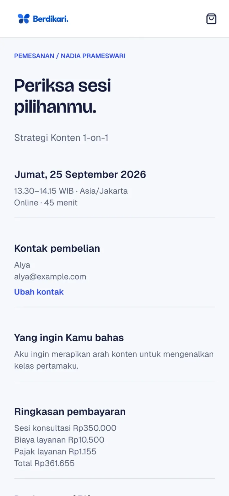 Ringkasan sesi dan pembayaran