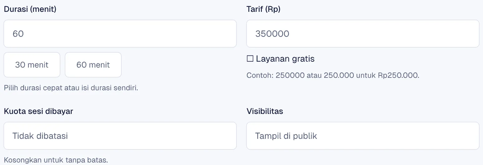 Pengaturan durasi, tarif, dan kuota layanan
