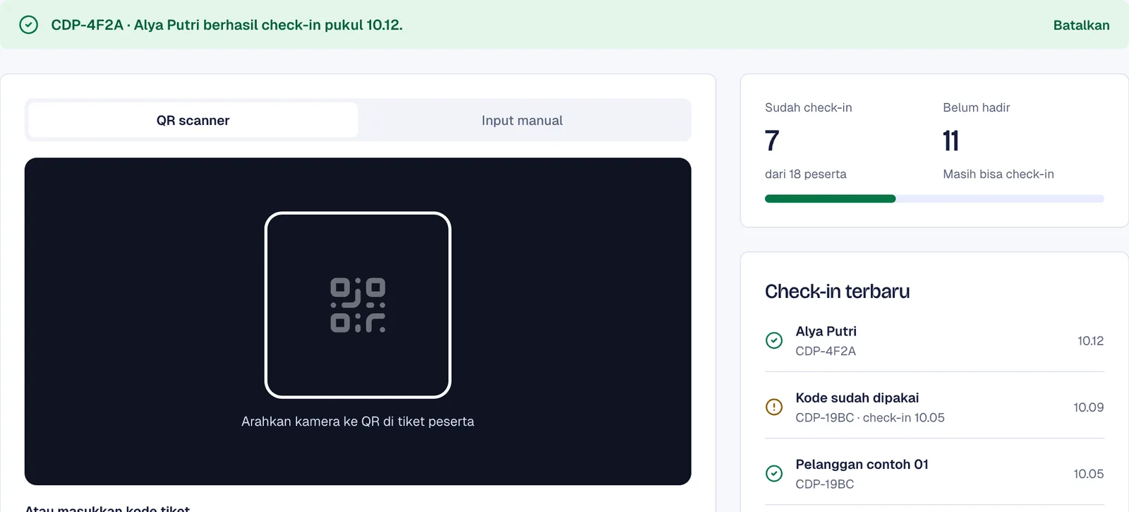 Participant check-in screen with QR scanner