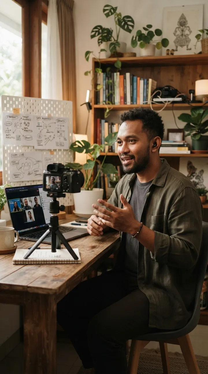 A teacher recording an online class from a home studio