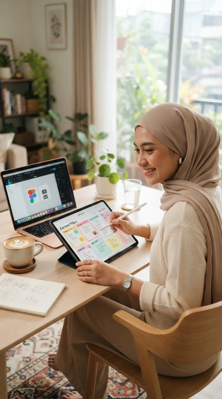 Desainer menyiapkan template konten di tablet