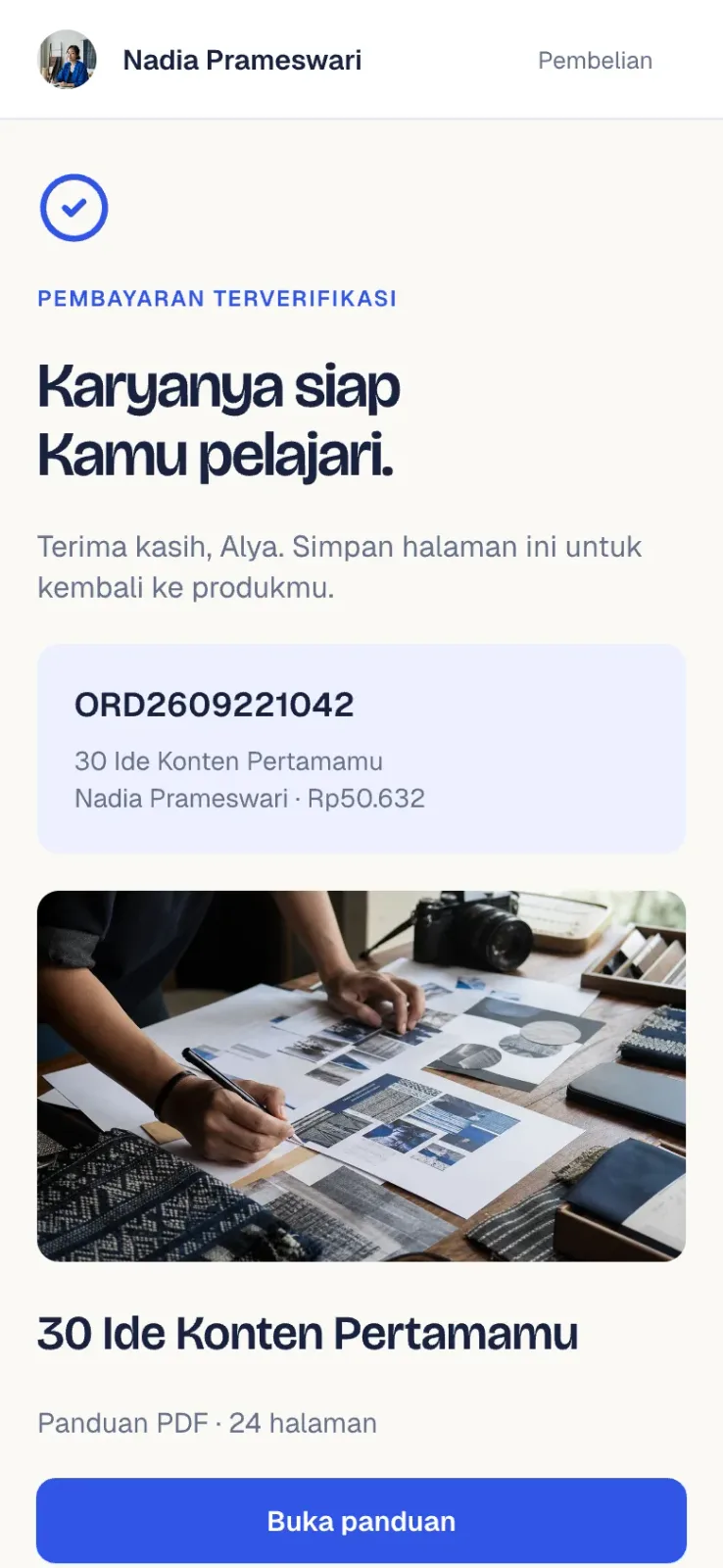 Halaman akses produk setelah pembayaran