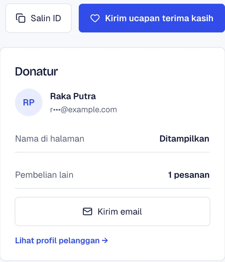 Detail donatur dan tombol ucapan terima kasih