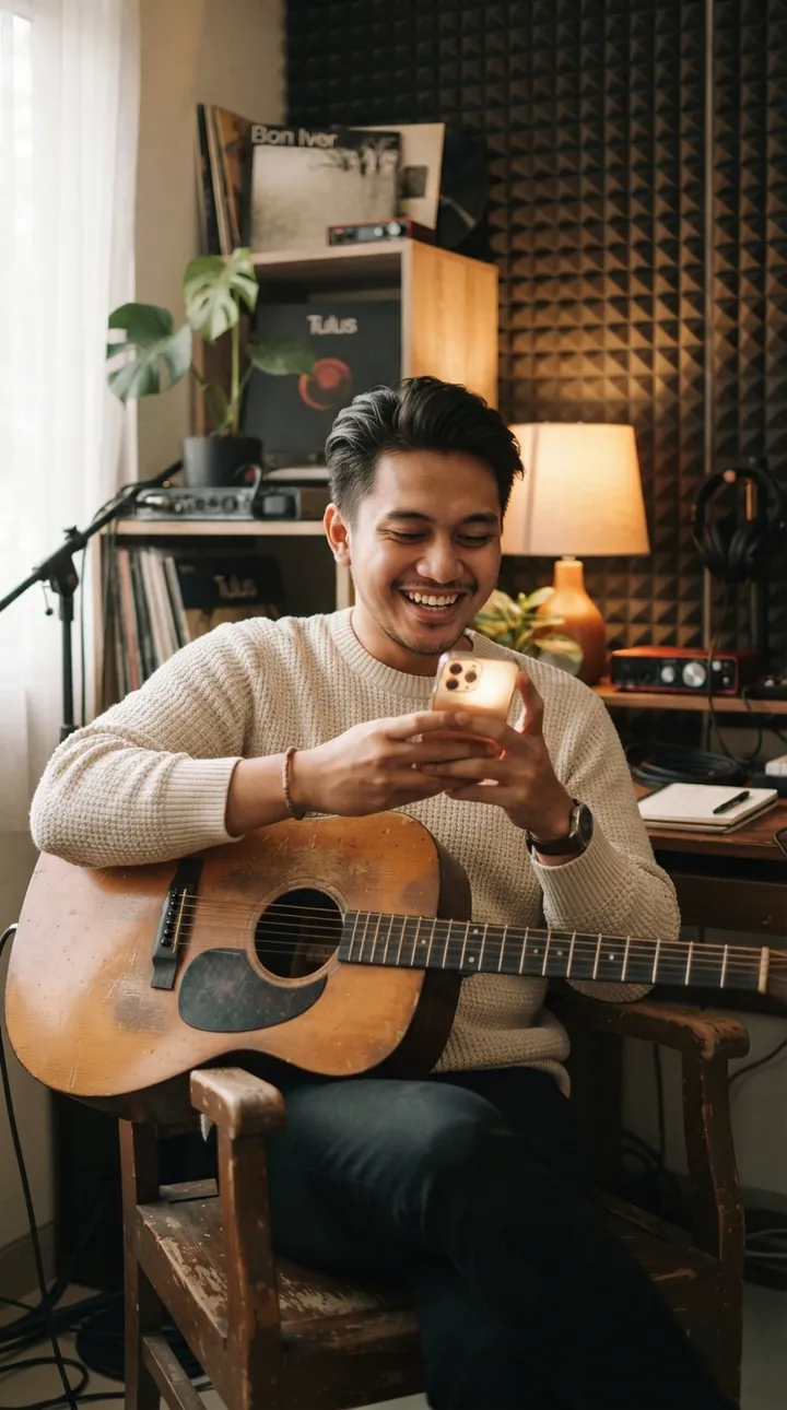 Musisi tersenyum melihat ponselnya di studio rumah