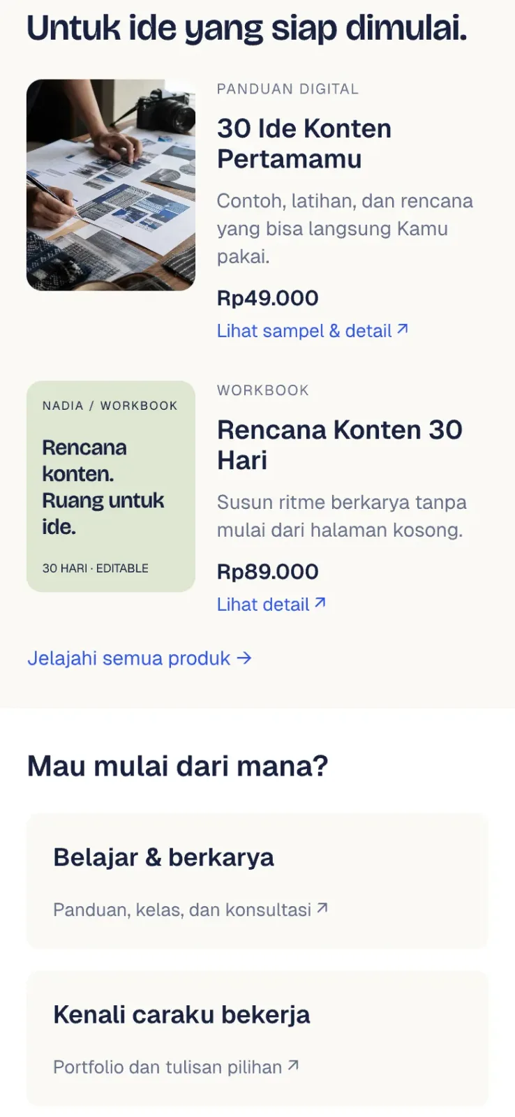 Beranda microsite dengan daftar produk